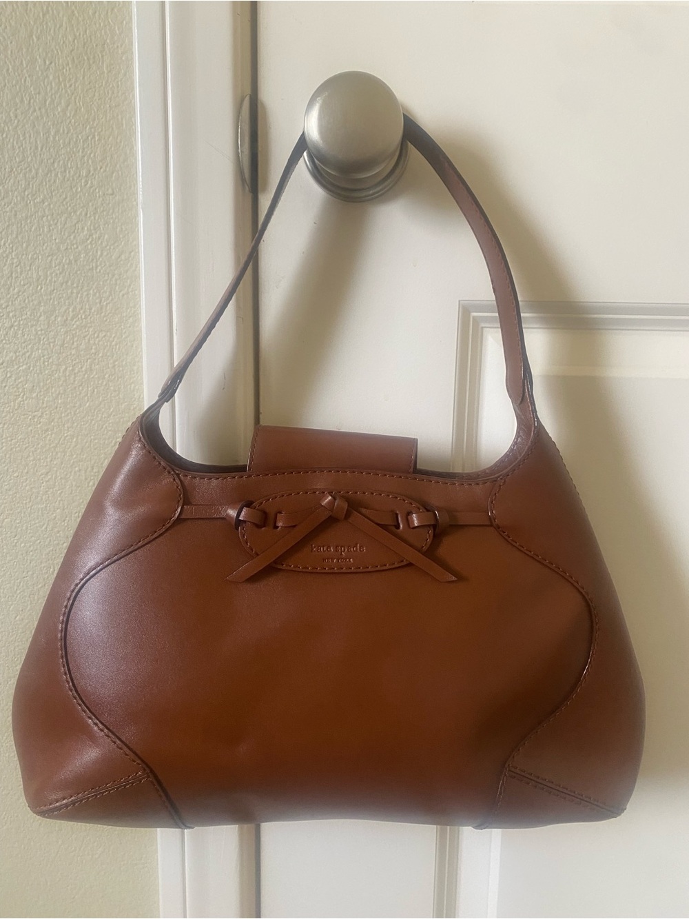 kate spade Chestnut Brown Leather Shoulder Bag with Bow Accent